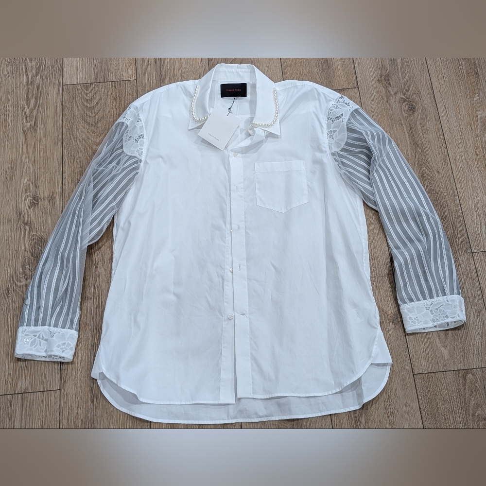 $665 Mens SIMONE ROCHA Lace Trim Multi Stripe LS Sport Shirt White/Blue Large